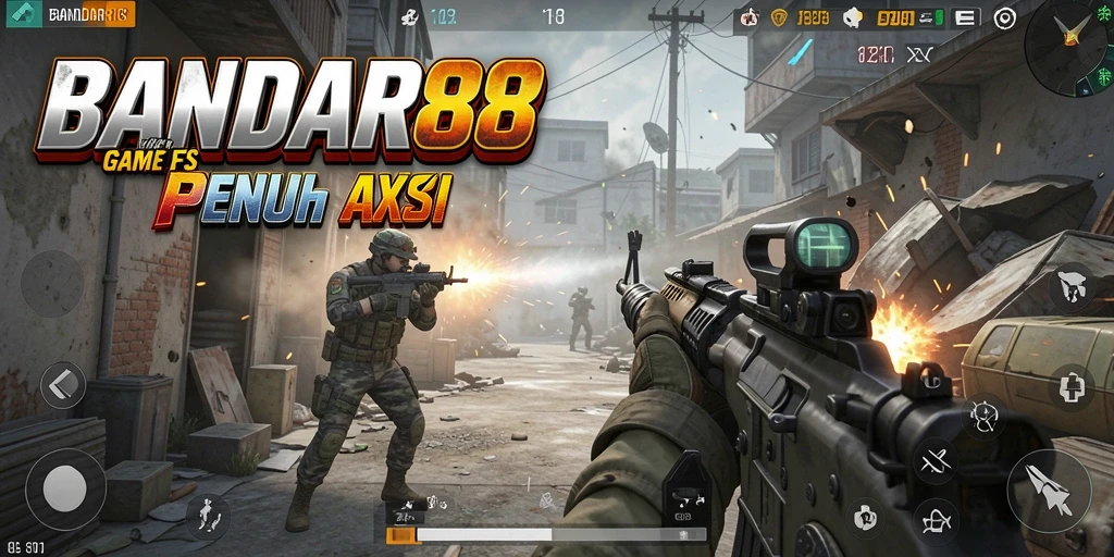 Screenshot utama menampilkan aksi intens dalam permainan FPS.
