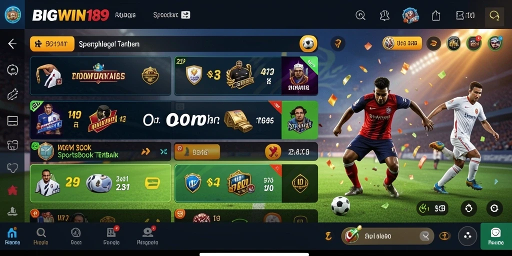 Screenshot utama BIGWIN189 menampilkan antarmuka aplikasi Sportsbook yang menarik.