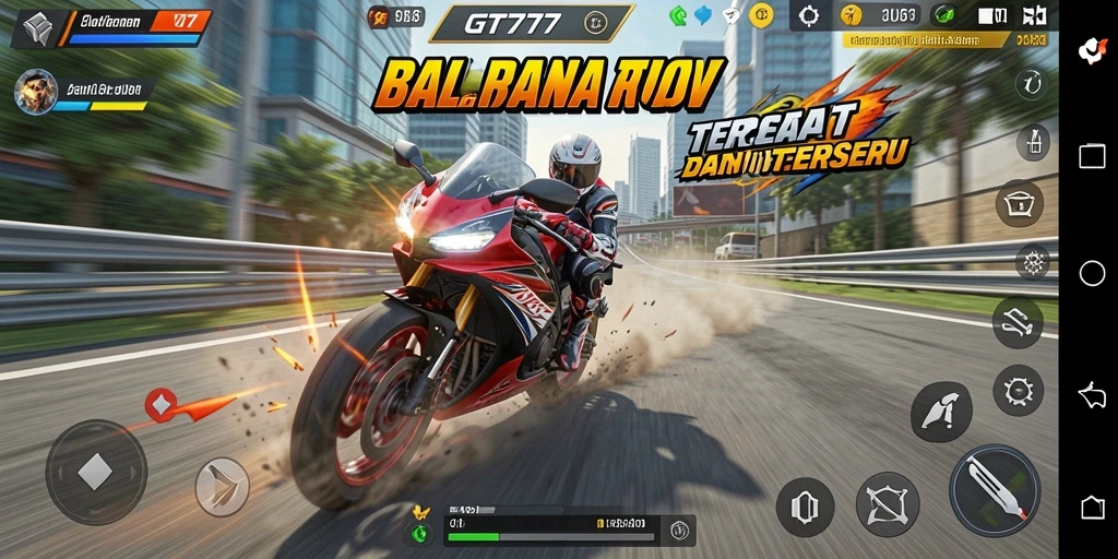 Screenshot gameplay GT777 yang menampilkan aksi balapan motor yang mendebarkan.