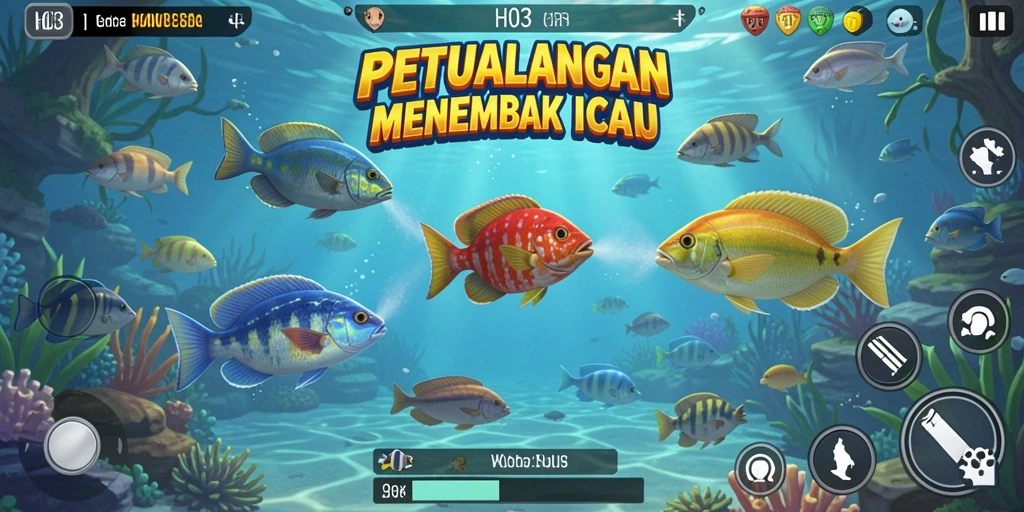 Tangkapan layar gameplay H03 yang menampilkan berbagai ikan menarik.