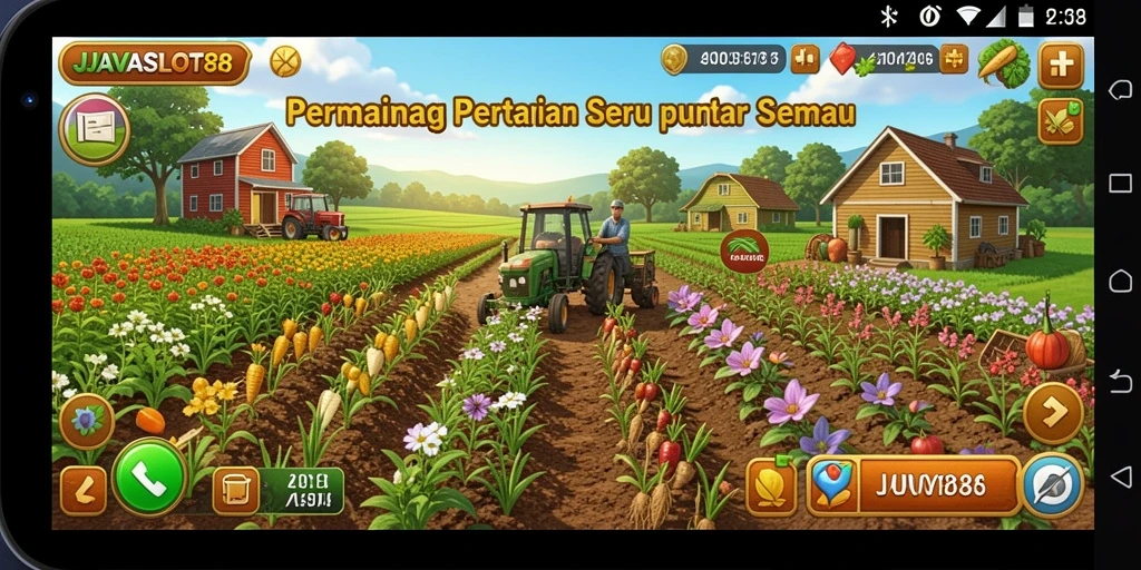 Tangkapan layar gameplay <strong>JAVASLOT88</strong> menunjukkan suasana ladang yang asri dan interaksi petani.