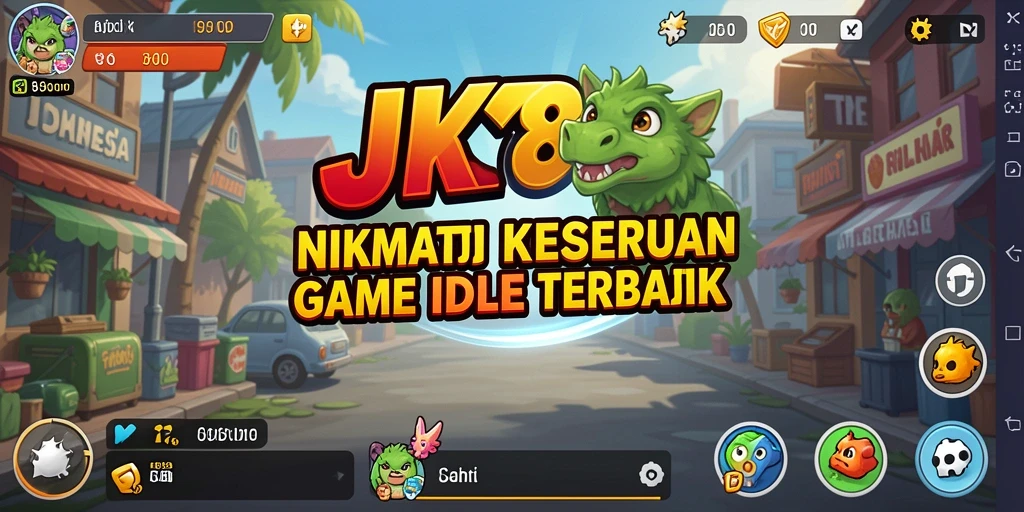 Tampilan screenshot utama JKT8 menunjukkan karakter dan sumber daya dalam gameplay Idle.