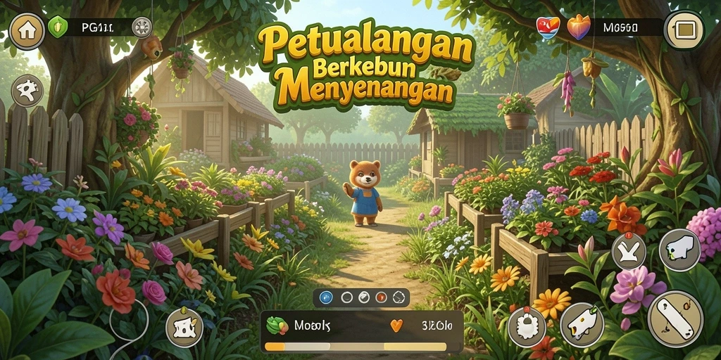 Screenshot gameplay PG11 menampilkan kebun yang indah dan aktivitas bertani.