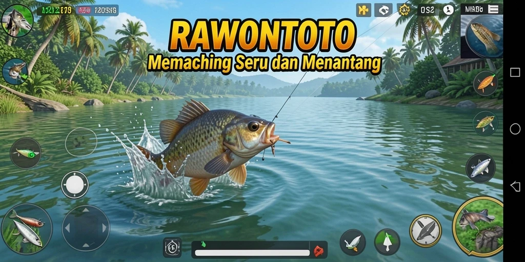 Screenshot menunjukkan aksi memancing seru di RAWONTOTO dengan berbagai ikan yang menarik.