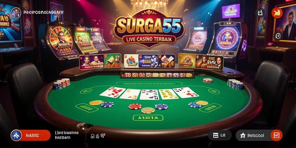 Screenshot SURGA55 menampilkan dealer langsung dan suasana kasino yang menarik.