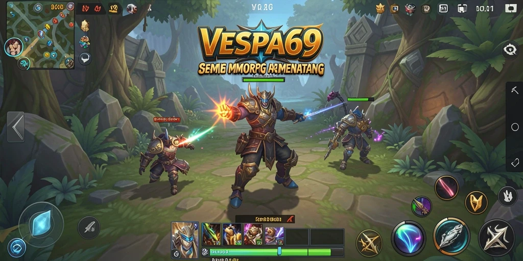 Tampilan gameplay VESPA69 dengan pertarungan epik dan karakter yang kustomisasi.