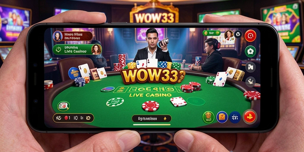 Screenshot gameplay WOW33 menampilkan dealer langsung dan suasana kasino yang nyata.